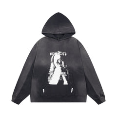 ERD Monochromatic Portrait Graphic Pullover Hoodie (Washed Black)