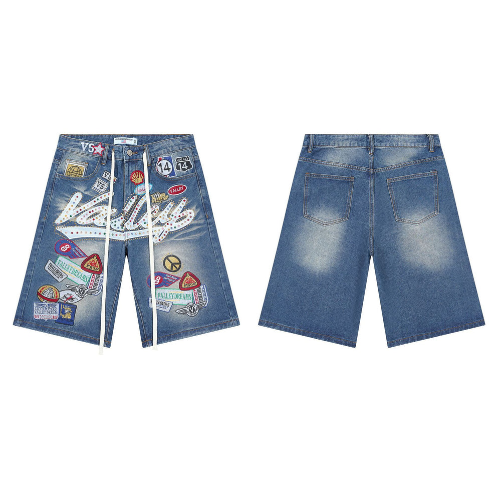 Vale Forever "Valley" Multi-Patch Graphic Denim Shorts (Washed Blue)