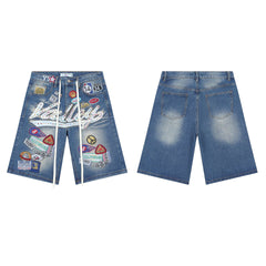 Vale Forever "Valley" Multi-Patch Graphic Denim Shorts (Washed Blue)