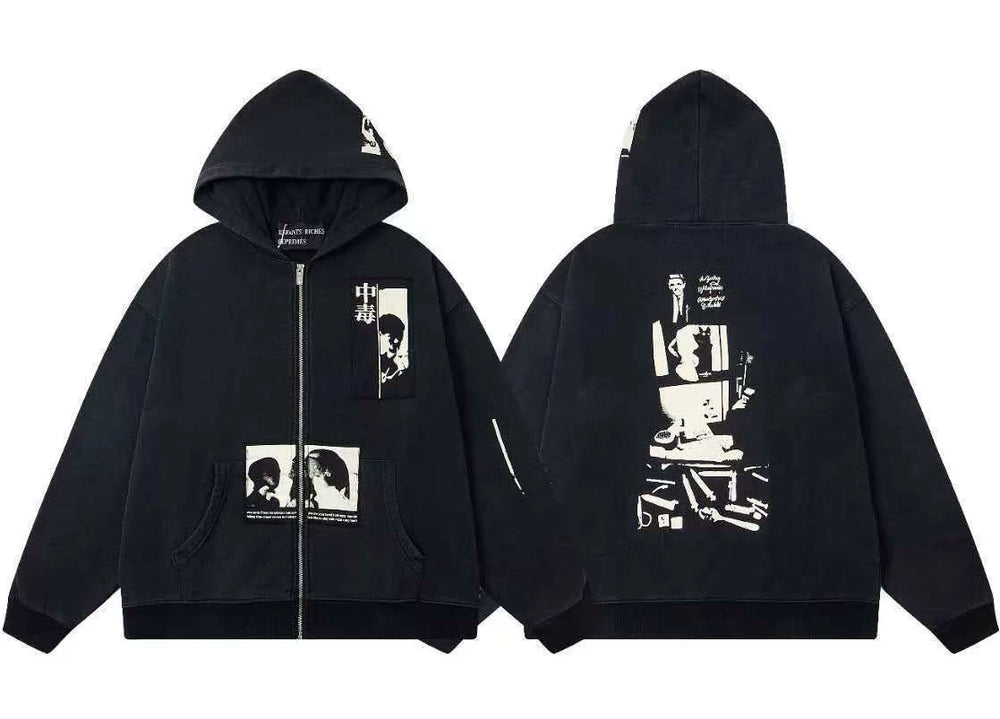 ERD East Asian Character Patch Full-Zip Hoodie (Black)
