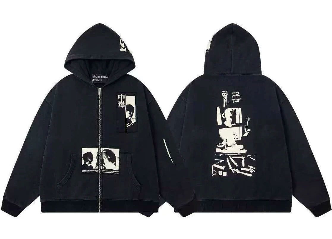 ERD East Asian Character Patch Full-Zip Hoodie (Black)