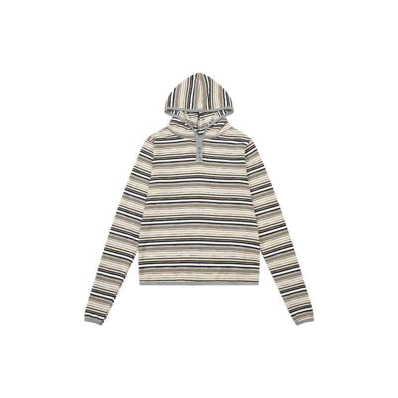 AEAE Vintage Striped Henley Hoodie – Cropped Long Sleeve Retro Streetwear Top