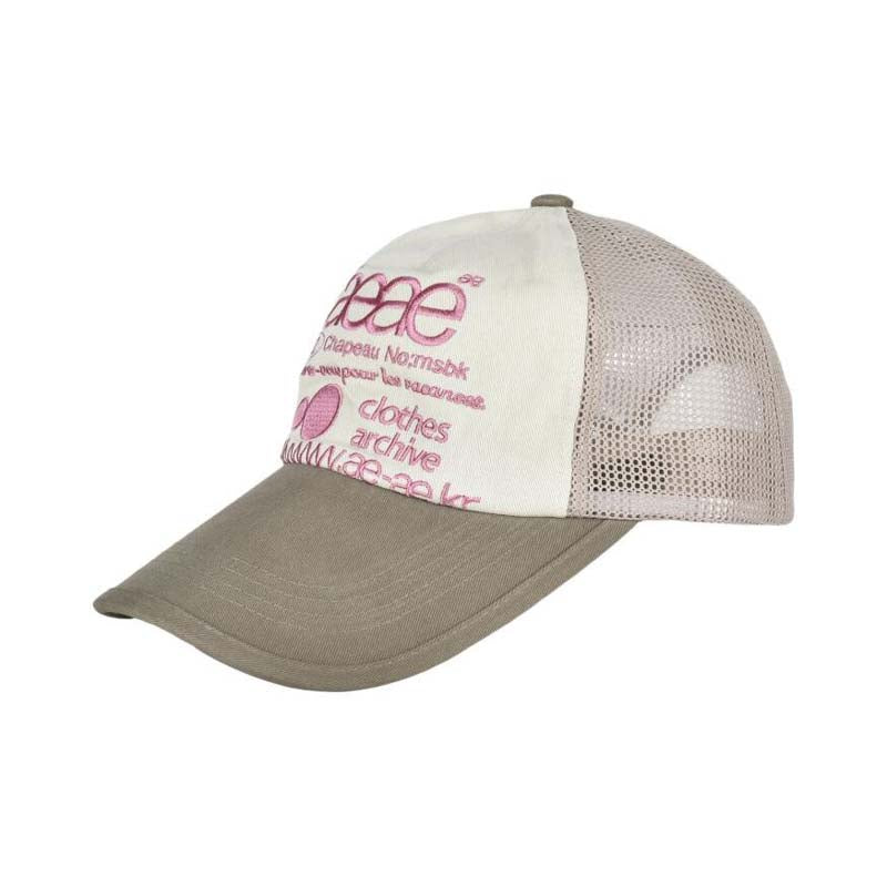 AEAE Vintage Pink Logo Mesh Baseball Cap – Beige & Olive Two-Tone Streetwear Hat
