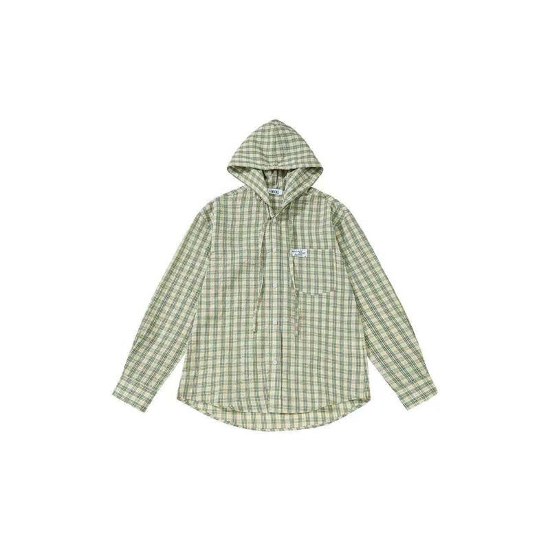 AEAE Plaid Hooded Shirt Jacket – Vintage Gingham Zip-Up Streetwear Oversized Outerwear
