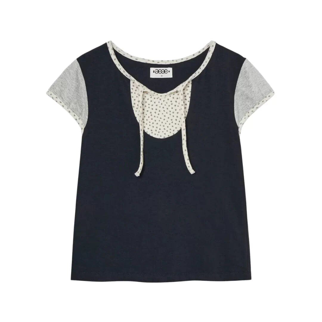 AEAE Navy Fake Two-Piece Floral Detail T-Shirt | Korean Aesthetic Layered Cotton Top