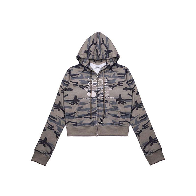 AEAE Camouflage Cropped Zip Hoodie – Y2K Streetwear Slim Fit Camo Jacket