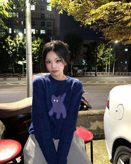AEAE Cartoon Bear Graphic Knit Sweater – Soft Fuzzy Streetwear Pullover