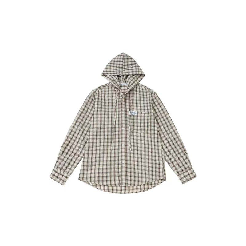 AEAE Plaid Hooded Shirt Jacket – Vintage Gingham Zip-Up Streetwear Oversized Outerwear