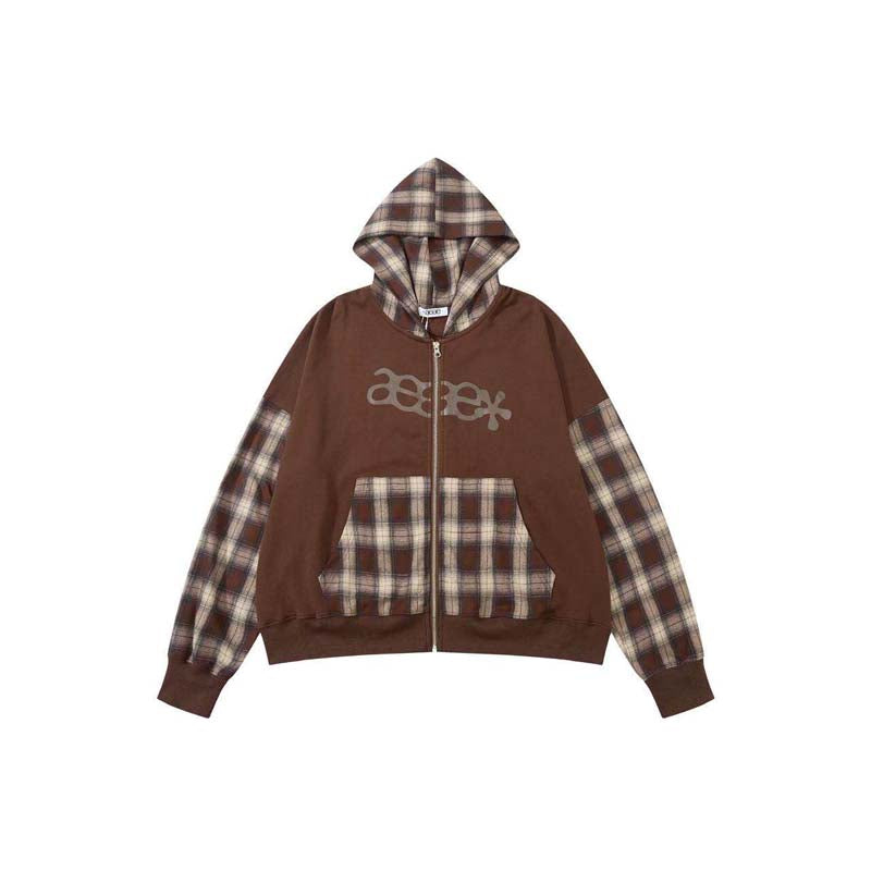 AEAE Patchwork Plaid Zip Hoodie – Y2K Streetwear Contrast Panel Jacket