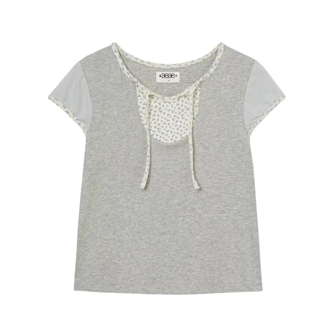 AEAE Contrast Panel Bow Tie Graphic Tee | Dark Navy Patchwork Style Short Sleeve Top