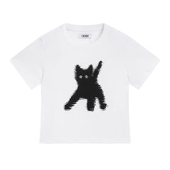 AEAE Cute Cat Print Tee | Korean Style Fitted Short Sleeve Crop T-Shirt