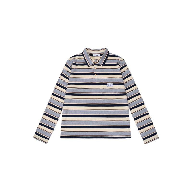 AEAE Vintage Multi-Stripe Polo Long Sleeve Shirt – Blue Retro Streetwear Rugby Top