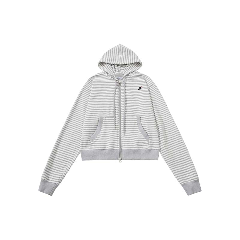 AEAE Striped Zip-Up Hooded Jacket – Light Grey Minimal Streetwear Hoodie
