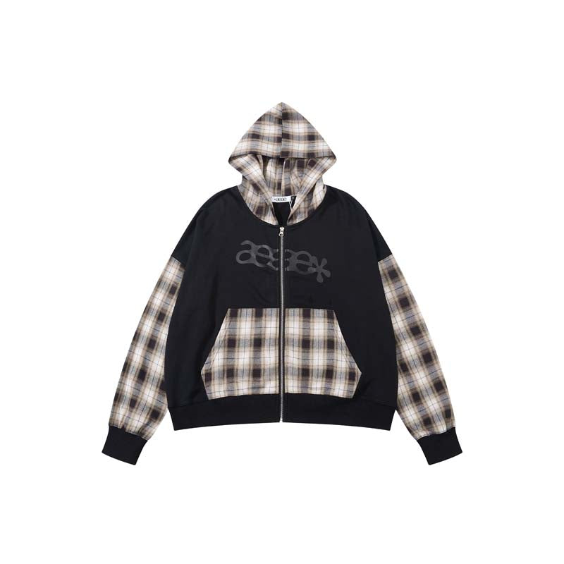 AEAE Plaid Patchwork Zip-Up Hoodie Jacket – Black Vintage Streetwear Hoodie