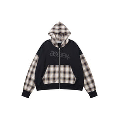AEAE Plaid Patchwork Zip-Up Hoodie Jacket – Black Vintage Streetwear Hoodie