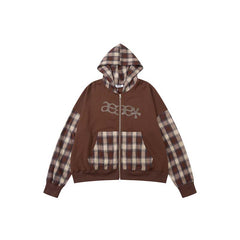 AEAE Plaid Patchwork Zip-Up Hoodie Jacket – Black Vintage Streetwear Hoodie