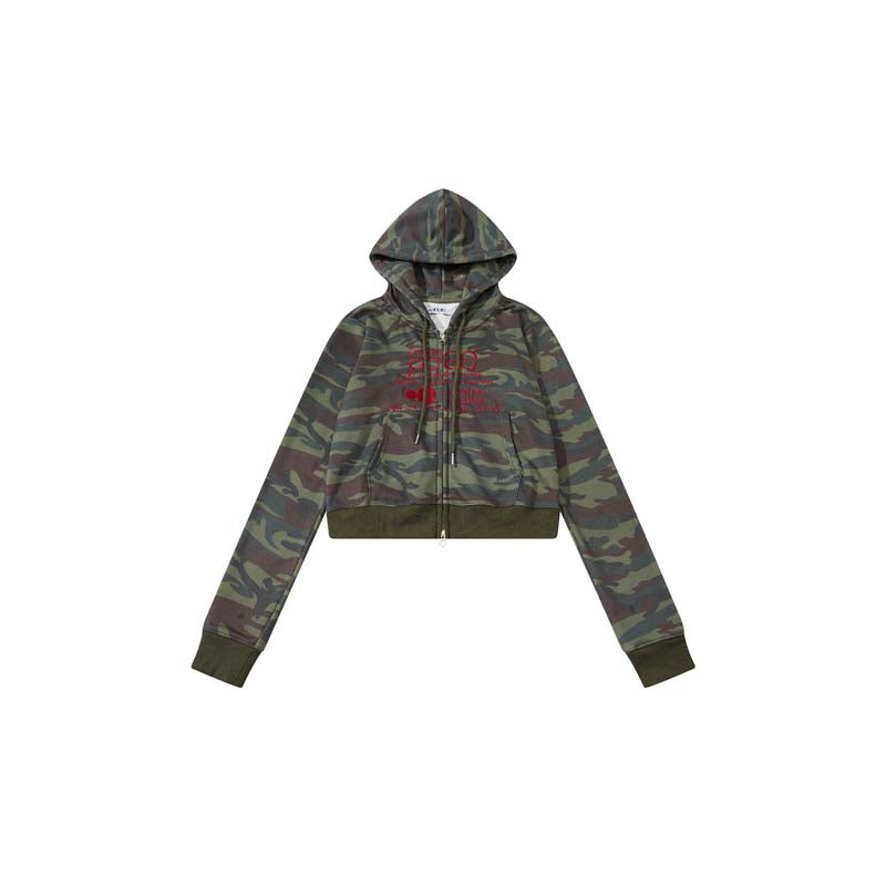 AEAE Camouflage Cropped Zip Hoodie Jacket – Dark Green Streetwear Camo Hoodie