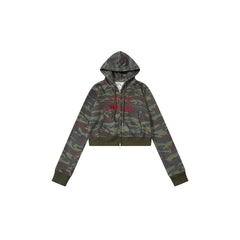 AEAE Camouflage Cropped Zip Hoodie Jacket – Dark Green Streetwear Camo Hoodie
