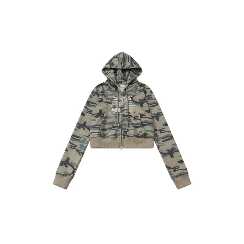 AEAE Camouflage Cropped Zip Hoodie Jacket – Dark Green Streetwear Camo Hoodie